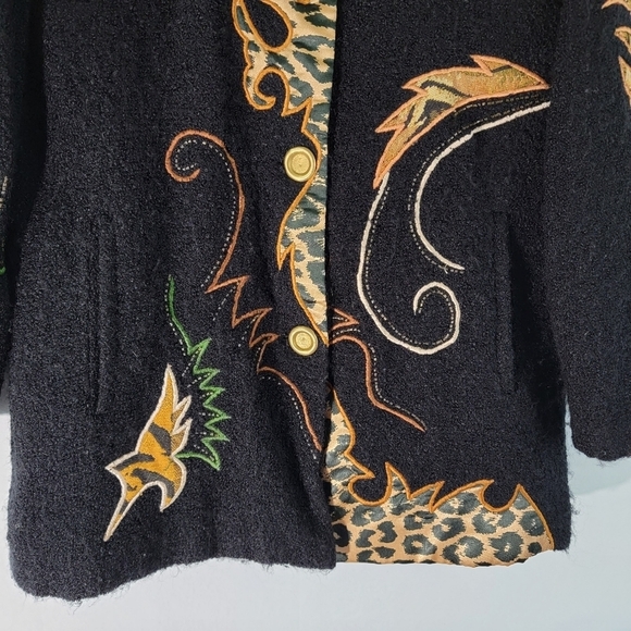 Alex Kim Black/Gold Boucle Jacket Sz M Embroidery Patches Button-Up Lined Pocket - Picture 4 of 12